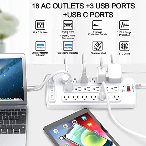 Regleta Protectora de Sobretensión de 18 Tomas con 4 USB, Cable Plano de 3m y 2100 Joules