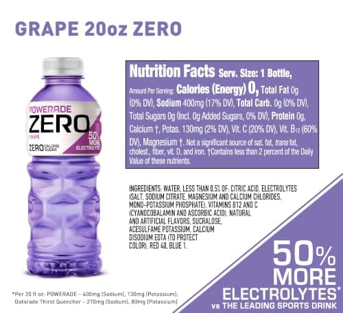 (S&S) POWERADE ZERO Sugar Sports Drink, Grape Electrolytes, 20 Oz (8 Pk) thumbnail 2