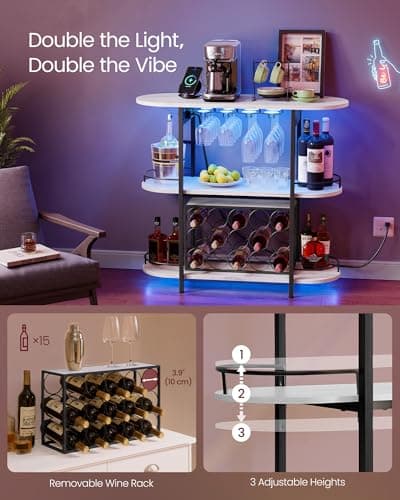 VASAGLE Bar Cabinets for Home, LED Coffee Bar with Power Outlets, Home Mini Bar for Liquor, Freestanding Wine Rack with Glass Holder, Kitchen, Dining Room, Rustic White ULWR007W01 thumbnail 4
