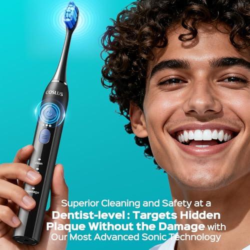 COSLUS Sonic Electric Toothbrush for Adults: 3 Intensities & 5 Modes Gum-Friendly for Deep Cleaning & Whitening - 2 Types of Heads for Family, Sensitive Teeth, Braces, Travel & Hom