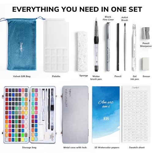 JusArt 108 Colors Watercolor Paint Set,Art Supplies with Metallic Color, Detail Painting Brushes, Water Brush Pens, Portable Travel Watercolor Painting Set for Adult, Artists, Prof thumbnail 4