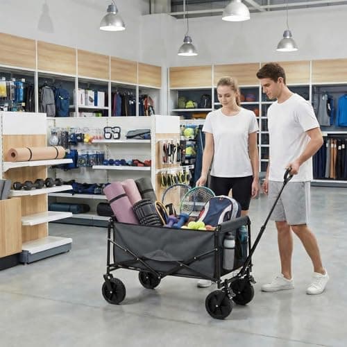 DUMOS Collapsible Wagon Cart, Heavy Duty Foldable Utility Wagon with Lockable Brake Wheels – 330 lbs Capacity, Flexible Handle for Beach, Garden, Sports, Grocery & Camping, Gray thumbnail 7