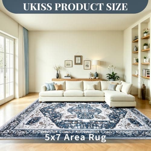UKISS Washable Rugs Mats，Ultra Soft Faux Wool Memory Foam Rug for Bedroom, 5'x7' Non Slip Large Area Rugs for Living Room ，Low Pile Boho Carpets for Home Office,Blue thumbnail 2