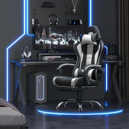 Yaheetech Gaming Chair with Footrest Massage Lumbar Pillow Black and White thumbnail 2