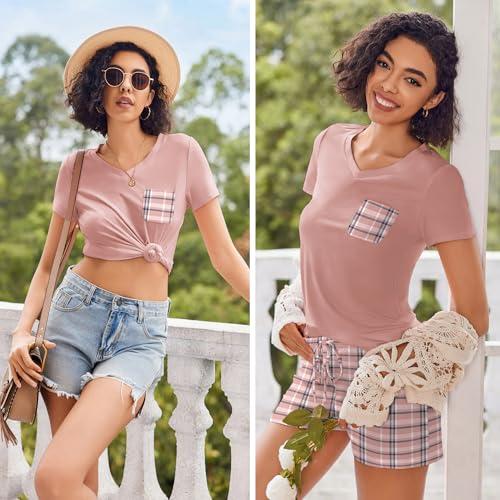 Pijama Ekouaer para Mujer: Manga Corta, Cuello V, Cuadros Rosas