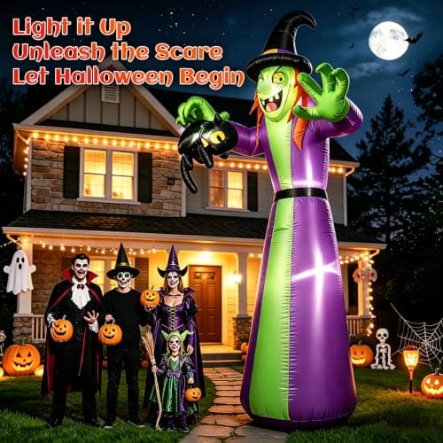 12 FT Giant Halloween Inflatables Witch Outdoor Decoration-Huge Blow Up Spooky Witch Grabbing Black Cat with Built-in LEDs – Tall Halloween Yard Decor for Lawn Party, Garden & Front Yard thumbnail 2
