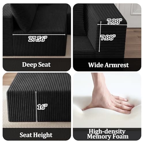 92.5" Modular Sectional Sofa, L-Shaped Cloud Couch with Deep Seats and Chaise, Upholstered Corduroy Boneless Couch for Living Room Small Space, No Need Assembly - Black(Left Facing thumbnail 7