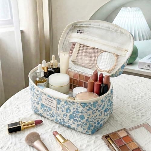 Cosmetiquera Grande Acolchada con Diseño Floral Edelefas (Azul)