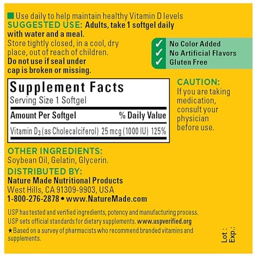 Miniatura de Vitamina D3 Nature Made 1000 UI (25 mcg), 100 Cápsulas Blandas 6