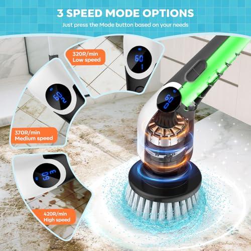 YKYI Electric Spin Scrubber,Cordless Cleaning Brush,Shower Cleaning Brush with 8 Replaceable Brush Heads,Power Scrubber 3 Adjustable Speeds,Adjustable & Detachable Long Handle,Voic