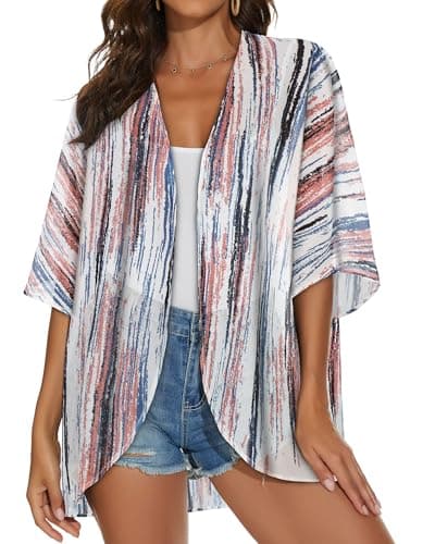 Womens Kimono Cardigans Beach Cover ups Swimwear Puff Sleeve Loose Casual Summer Tops (Tiedye Multi,L) thumbnail 2