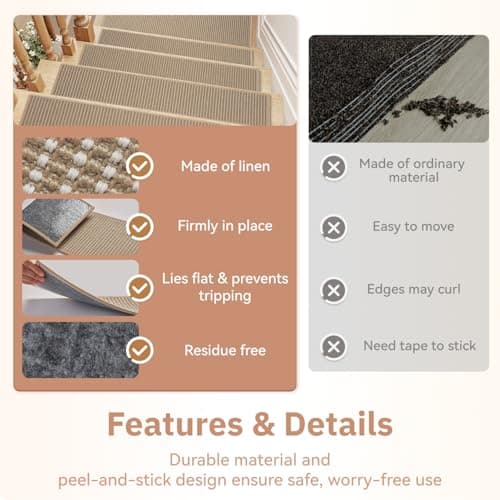 1PC Jute Stair Treads for Wooden Steps-Stairs Carpet Non Slip-Peel and Stick Stair Treads Indoor, Adhesive Staircase Step Treads Residue Free, Durable Natural Stair Runner Rug,8"x3 thumbnail 7