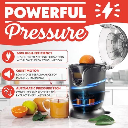 Gourmia Automatic Citrus Juicer - 17 oz Capacity, One-Touch Operation, Universal Cone, Anti-Drip Spout, Dishwasher-Safe Accessories, Compact Quiet 60W Motor thumbnail 4