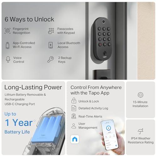Tapo Smart Wi-Fi Deadbolt Door Lock - Fingerprint Recognition, Keyless Tactile Buttons & in-App Monitoring, Auto-Lock, IP54, BHMA Certified, Compatible with Standard Door Sizes, Ta thumbnail 2