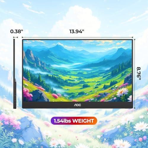 AOC 16T20 Portable Monitor 15.6" FHD 1080p IPS Display, USB-C, Mini HDMI, Built-in Speakers, Travel Monitor with Smart Cover, Compatible with Laptops, MacBook, Gaming Console Ready