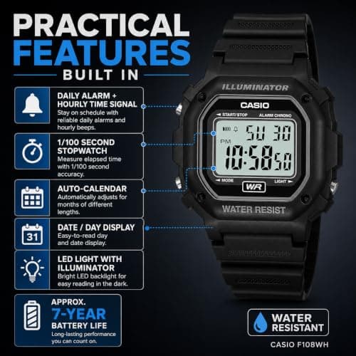Casio Men's F108WH Illuminator Collection Black Resin Strap Digital Watch thumbnail 3