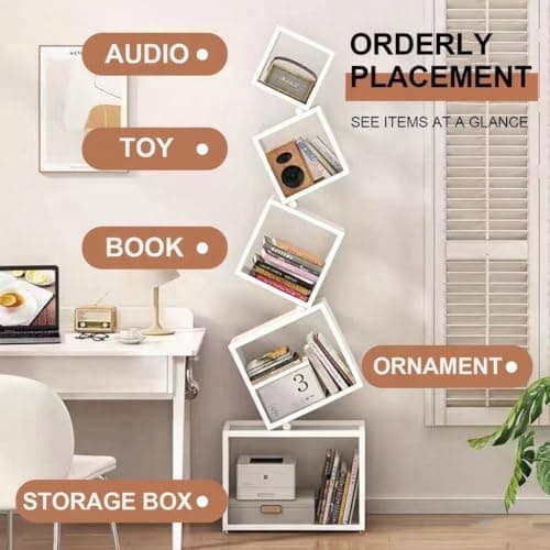 TDDFLO Geometric Bookshelf, 5-Tier Metal Unique Bookcase Modern Bookcase, Corner Bookshelf for CDs/Books/Home Decor -White