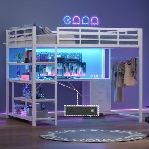Cama Loft Matrimonial UPOSOJA con Escritorio en L, Cajonera, Estantes, Luz LED y Contactos