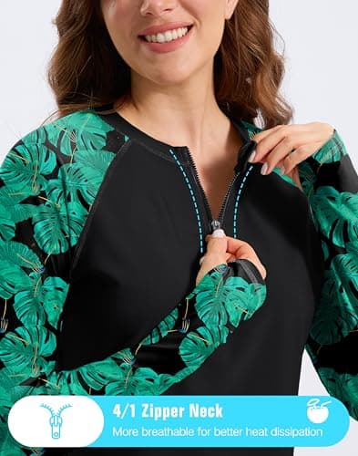 Viodia Womens Swim Shirt UPF50+ Rash Guard Long Sleeve Swimsuit Top Sun Protection Shirts Bathing Suit with Zipper Black Leaf XS thumbnail 3
