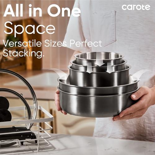 CAROTE Pots and Pans Set, Stainless Steel Cookware Set Detachable Handle, 15pcs Induction Kitchen Cookware Sets with Removable Handle, RV Cookware Set, Oven Safe