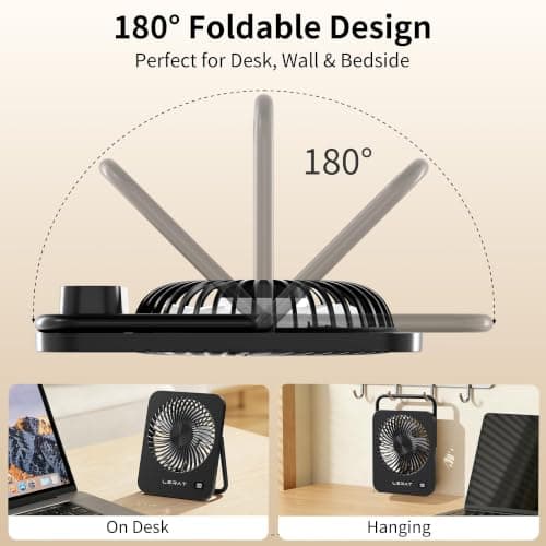 Ventilador Portátil Lerat USB Recargable con Pantalla LED, 5 Velocidades, Plegable 180° y Ultra Silencioso