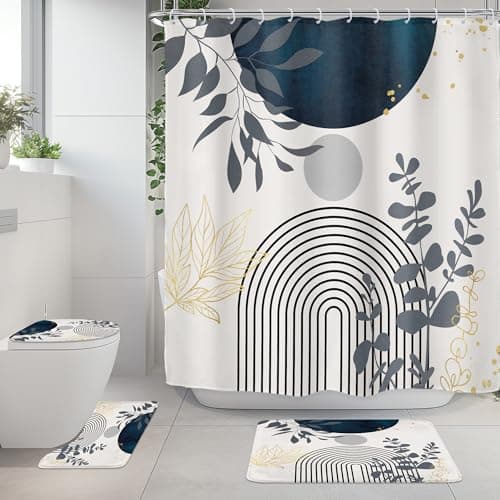 Set de 4 Piezas para Baño Riyidecor: Cortina, Tapa de Inodoro y Tapetes Antideslizantes Boho Azul Marino