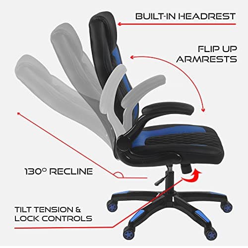 Aon Archeus Ergonomic Gaming Office Chair – High-Back Reclining PC Gaming Seat w/Lumbar Support, Flip-Up Arms & Padded Cushion – Racing-Style Gamer Chair – Black/Blue thumbnail 8