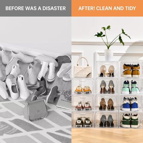 INSTY 12 Pack Large Shoe Storage Box, Clear Shoe Storage Organizer with Magnetic Door, Stackable,Shoe Containers For Display Sneakers, Easy Assembly, Fit up to US Size 12, Clear