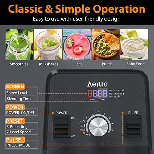 Aeitto Blender for Kitchen, 68 Oz Large Capacity Professional Countertop Blender, 1500-Watt Smoothie Blender for Ice Crush, Frozen Drinks, Black