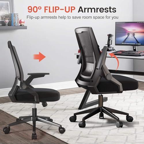 GTRACING Ergonomic Office Chair with Flip-up Armrests Executive Computer Chair for Home Office, Breathable Mesh & Comfy Lumbar Support, Black
