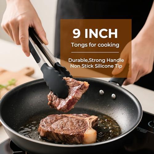FINENUT Stainless Steel&Silicone Food Tongs Set of 2 (9+12 Inch)-BPA-Free&Non-Toxic Heat Resistant Non-Scratch BBQ&Cooking Tools,Strong Grip Locking for Grilling,Air Fryer,Salad,Di