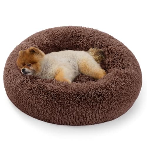 Bedsure Calming Donut Cat Bed - Fluffy Plush Round Pet Bed for Indoor Cats & Small Dogs, Washable Anti-Anxiety Soft Comfy Cuddler, 23x23 Inches, Brown (Basic Version)