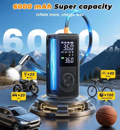 Tire Inflator Portable Air Compressor - 150 PSI 4X Fast Inflation Rechargeable Battery & 12V DC Adapter Powered Air Pump for Car Bike Motorcycle Tires Balls with LCD Display, LED L thumbnail 4