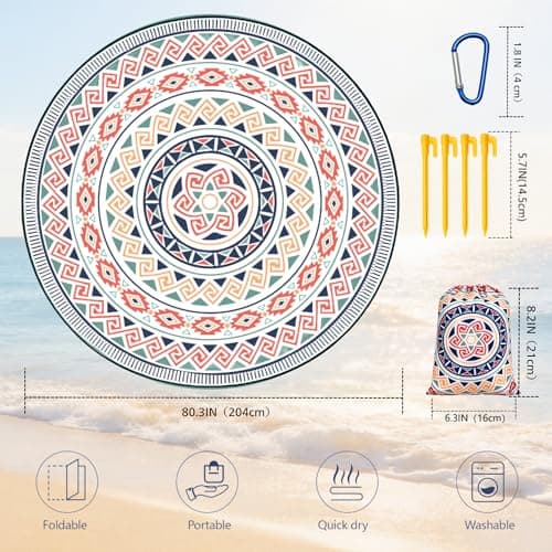 HIHOHO Round Beach Blanket Sandproof Waterproof Durable Quick Drying Portable Large Picnic Blanket fits 1-8 Adults 80"-110" Outdoor Beach Mat Essentials for Camping,Yoga,Traveling thumbnail 2