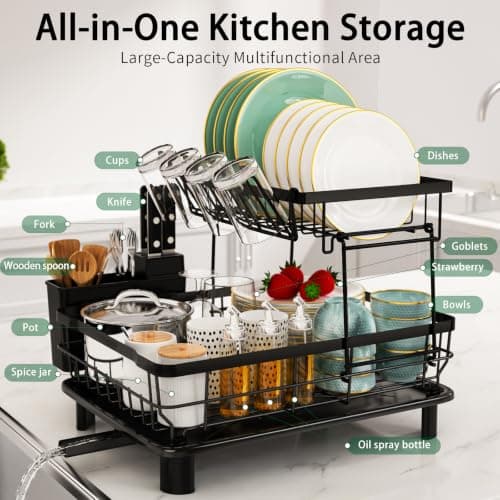 2-Tier Multifunctional Dish Drying Rack, Sturdy and Space-Saving | Large 12.95''W x 19.05''L x 12.63H Dish Drainer for Kitchen, Upgraded Drainage System, Stable and Slip-resistant Construction