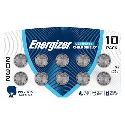 Energizer Ultimate Child Shield CR2032 Batteries (10 Pack), 3V Lithium Coin Batteries, Compatible with Apple AirTag and Tile Pro Devices, Key Fobs, Watches and More