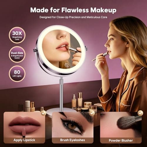 Miniatura de Espejo de Maquillaje Zlroluyn 1X/30X con Luz LED, Ajustable y Doble Cara (Níquel) 3
