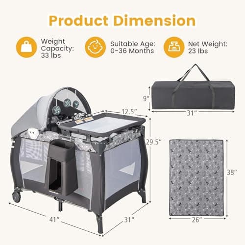 INFANS 4 in 1 Pack and Play, Portable Travel Baby Playard with Bassinet, Changing Table, Canopy, Mosquito Net, Hanging Toys, Music Box, Storage Bag, Large Playpen from Newborn to T thumbnail 9