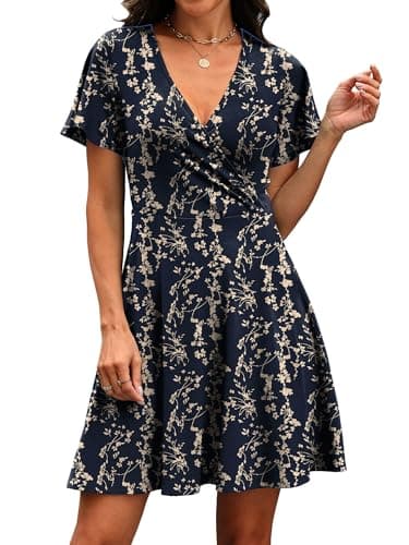 Dresses for Women 2026 Casual Wrap V Neck Knee Length Lightweight Cottagecore Summer Dress Mothers Outfits Floral Navy 03 L