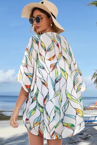 Womens Short Cardigans Casual Cover Up Open Front Kimono Tops Bathings Suit Shawl (White Colorful Leaves,M) thumbnail 6