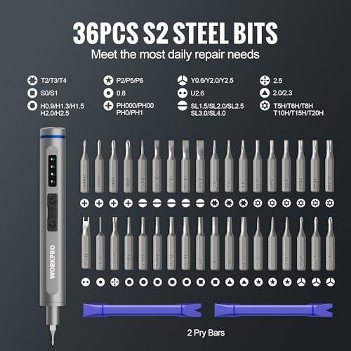 WORKPRO Mini Electric Screwdriver with Magnetizer, 36 S2 Steel Bits & 2 Pry Bars, 3.7V Rechargeable Precision Screwdriver Set for Phone Camera Laptop thumbnail 5