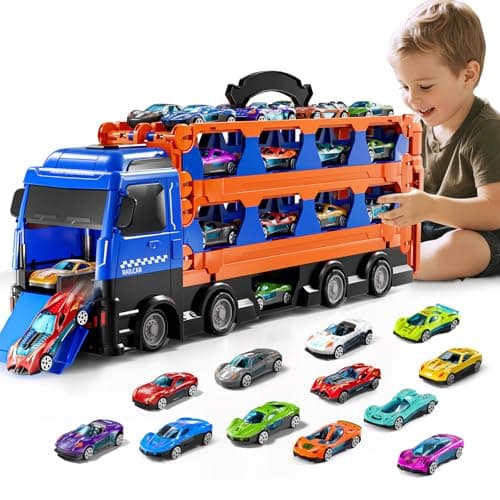 GYYCKTD Cars Truck Set Transport Toy for Kids, Race Track Set with 12 Die-Cast Cars, Trucks Playset, 2-Tier Launching Tracks, Carrier Toy for Boys Girls Birthday Gifts for Boys Age