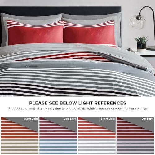 Comfort Spaces Queen Comforter Sets with Sheets - Bed in a Bag 9 Pieces Teen Bedding Sets, Red and Grey Stripes Bedding Queen, College Queen Bed Set with 2 Side Pockets Bedroom Org