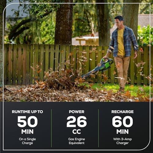 Miniatura de Soplador de Hojas Eléctrico Greenworks 60V, 610 CFM, con Batería de 2.5 Ah y Cargador 3