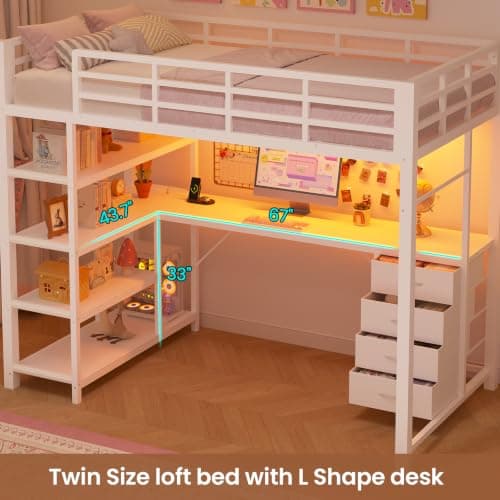 Miniatura de Cama Loft Matrimonial UPOSOJA con Escritorio en L, Cajonera, Estantes, Luz LED y Contactos 7