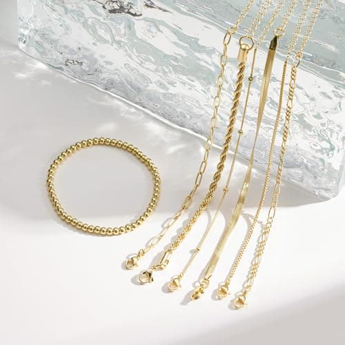 M MOOHAM Pulseras de Oro 14K para Mujer - Set Apilable de 7 Estilos