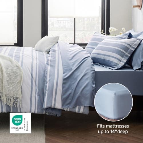 Bedsure Blue Comforter Set, Queen Size Bedding Set, Striped 7 Piece | Bed in a Bag, Bedroom, Plaid, Nautical, Cationic Dyeing, Gift Choice, Whisper-Quiet, OEKO thumbnail 4