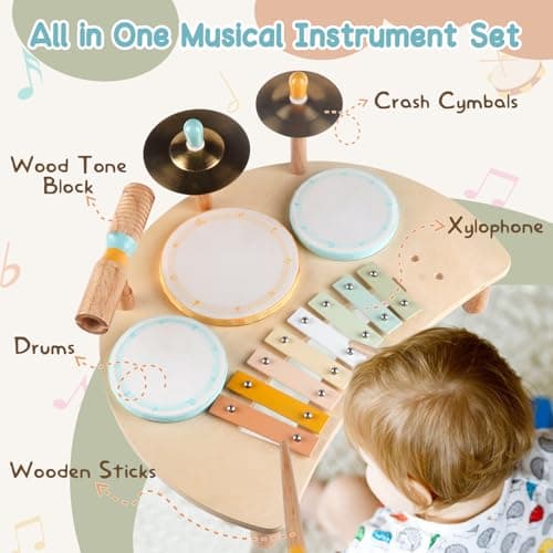 Kids Drum Set, Montessori Musical Instruments for Toddlers 1-3, Wooden Musical Toys for Baby 12-18 Months, Preschool Educational Xylophone Drum Kit