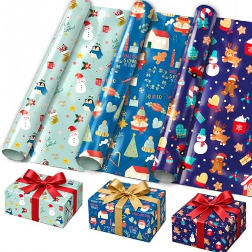 Papel de Regalo Navideño Jumbo | Diseño Muñecos de Nieve, Árboles y Santa