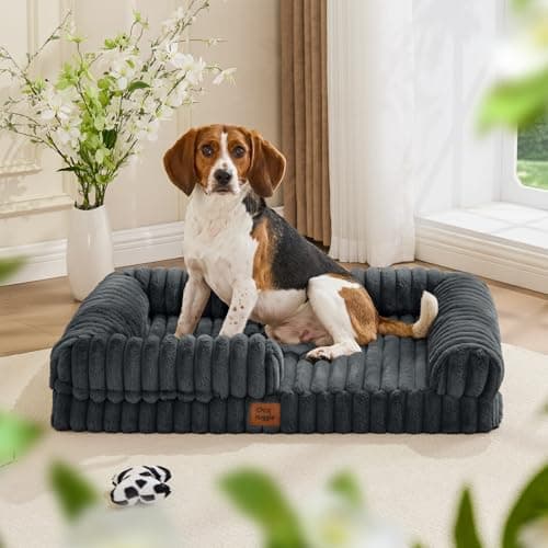 ChiXnuggle Faux Fur Orthopedic Dog Bolster Bed, Waterproof Washable Cover | rectangular dog sofa couch,egg crate foam,non-slip bottom,for large dogs,dark grey,35*28*7 thumbnail 9